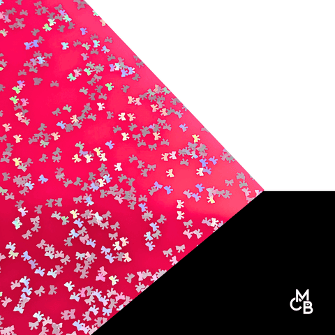 1/8" Silver Holographic Bow Shaped Glitter on Hot Pink Cast Acrylic Sheets
