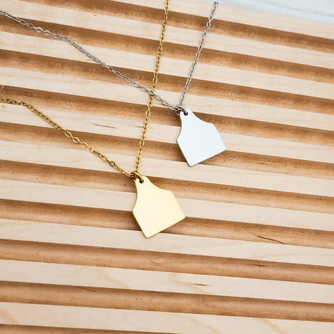 Cow Tag Pendant Necklace (Silver or Gold), 1 Total, Metal Blank #131