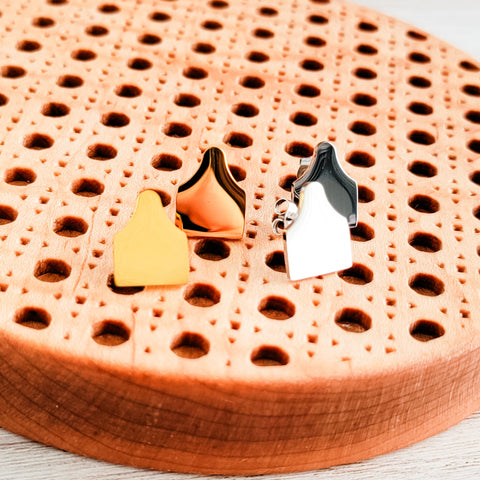 Cow Tag Studs (Silver or Gold), 1 Pair Total, Metal Blank #136