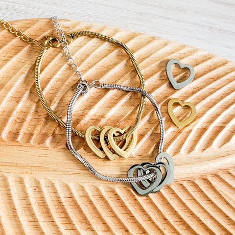 Open Heart Trio Snake Chain Bracelet (Choose Silver or Gold) and Optional Extra Hearts, Metal Blank #141