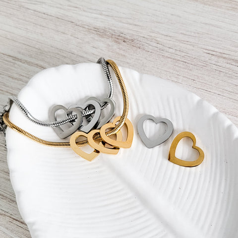 Open Heart Trio Snake Chain Bracelet (Choose Silver or Gold) and Optional Extra Hearts, Metal Blank #141