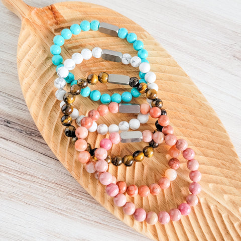 Beaded Stone Bracelet (Choose Turquoise, White Howlite, Tiger Eye, Pink Aventurine, or Rhodonite), 1 Total, Metal Blank #48