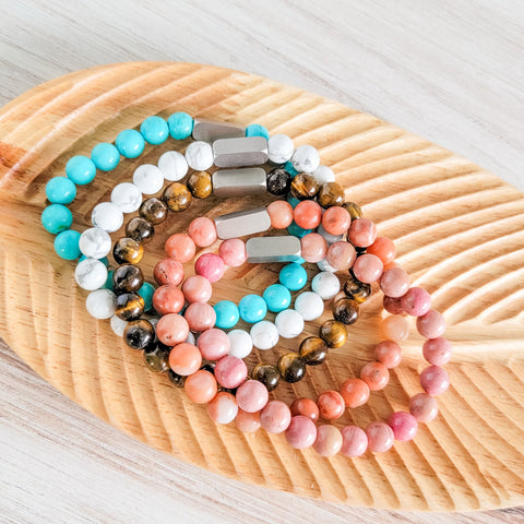 Beaded Stone Bracelet (Choose Turquoise, White Howlite, Tiger Eye, Pink Aventurine, or Rhodonite), 1 Total, Metal Blank #48