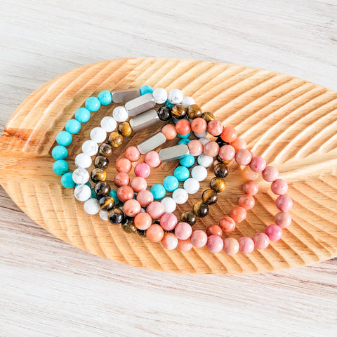 Beaded Stone Bracelet (Choose Turquoise, White Howlite, Tiger Eye, Pink Aventurine, or Rhodonite), 1 Total, Metal Blank #48