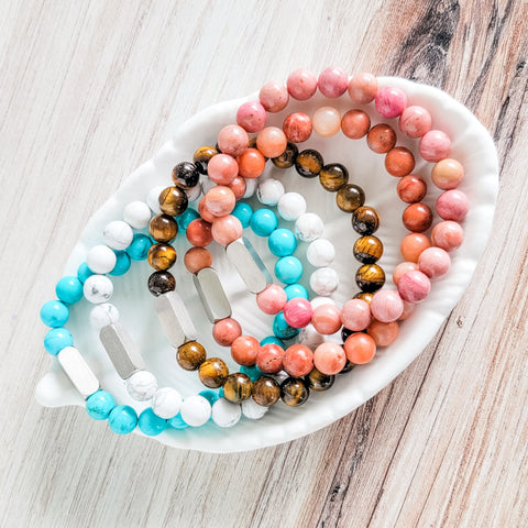 Beaded Stone Bracelet (Choose Turquoise, White Howlite, Tiger Eye, Pink Aventurine, or Rhodonite), 1 Total, Metal Blank #48
