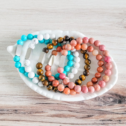 Beaded Stone Bracelet (Choose Turquoise, White Howlite, Tiger Eye, Pink Aventurine, or Rhodonite), 1 Total, Metal Blank #48