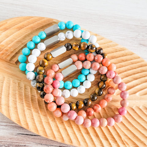 Beaded Stone Bracelet (Choose Turquoise, White Howlite, Tiger Eye, Pink Aventurine, or Rhodonite), 1 Total, Metal Blank #48