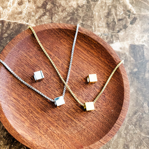 Tiny Square Charm Necklace (Silver or Gold) or Optional Extra Beads, Metal Blank #144