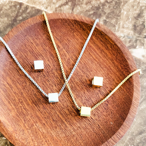 Tiny Square Charm Necklace (Silver or Gold) or Optional Extra Beads, Metal Blank #144