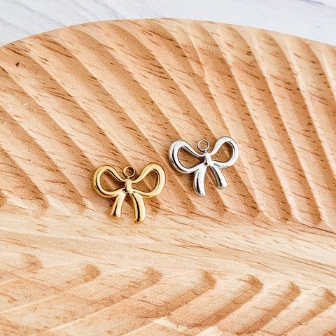 Small Looped Bow Stainless Steel Charm (Silver or Gold), 10 Pieces, Bow #46