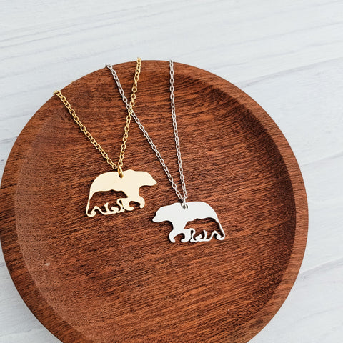 Bear & Cub Necklace (Silver or Gold), 1 Total, Metal Blank #169