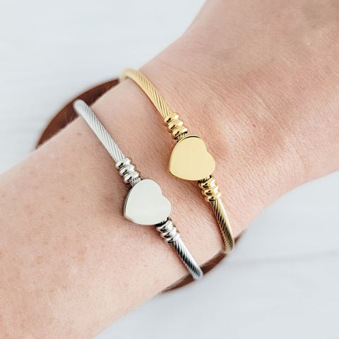 Cable Heart Bangle Bracelet (Silver or Gold), 1 Total, Metal Blank #171