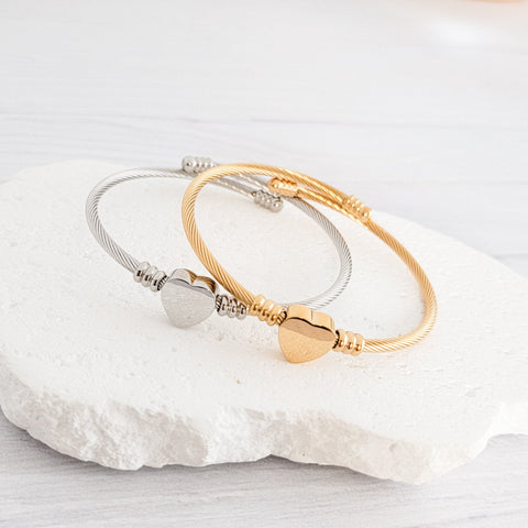 Cable Heart Bangle Bracelet (Silver or Gold), 1 Total, Metal Blank #171