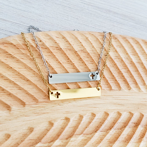 Cross Cutout Horizontal Bar Necklace (Silver or Gold), 1 Total, Metal Blank #180