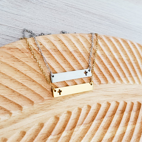 Cross Cutout Horizontal Bar Necklace (Silver or Gold), 1 Total, Metal Blank #180