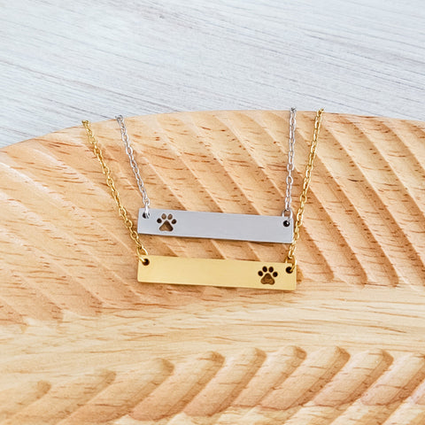Paw Print Cutout Horizontal Bar Necklace (Silver or Gold), 1 Total, Metal Blank #179