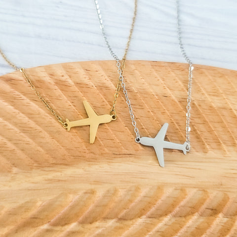 Airplane Pendant Necklace (Silver or Gold), 1 Total, Metal Blank #196