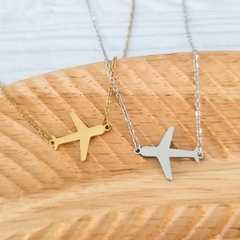 Airplane Pendant Necklace (Silver or Gold), 1 Total, Metal Blank #196