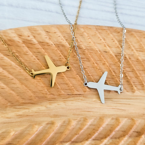 Airplane Pendant Necklace (Silver or Gold), 1 Total, Metal Blank #196