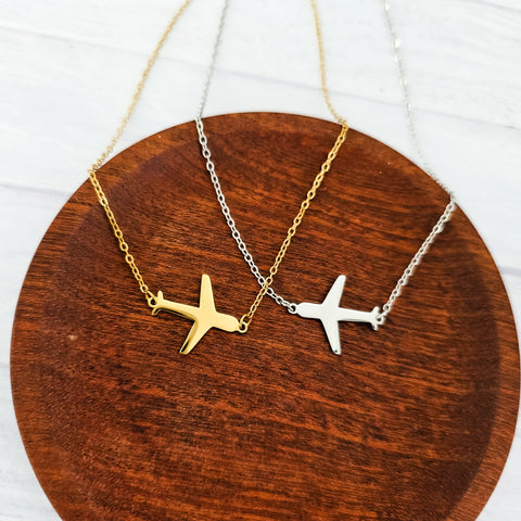 Airplane Pendant Necklace (Silver or Gold), 1 Total, Metal Blank #196