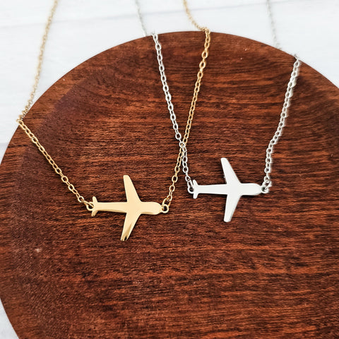 Airplane Pendant Necklace (Silver or Gold), 1 Total, Metal Blank #196