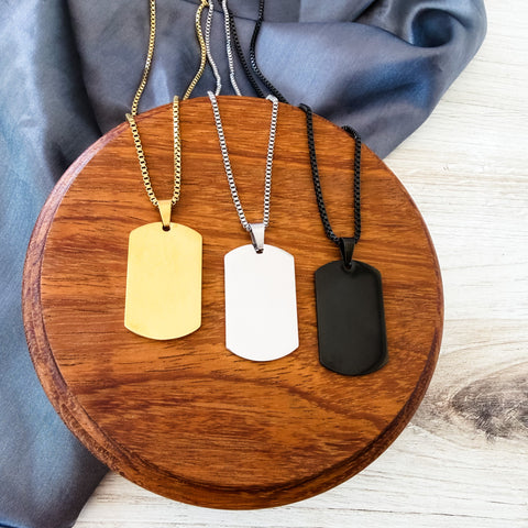 Dog Tag Box Chain Necklace (Silver or Gold), 1 Total, Metal Blank #139