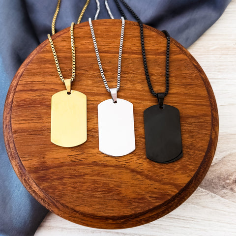 Dog Tag Box Chain Necklace (Silver or Gold), 1 Total, Metal Blank #139