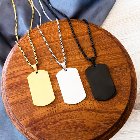 Dog Tag Box Chain Necklace (Silver or Gold), 1 Total, Metal Blank #139