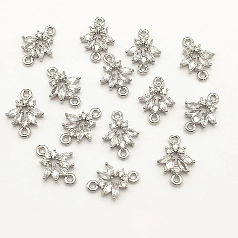 Silver Flower Cubic Zirconia 2-Hole Connectors, 10 Pieces, Connector #13