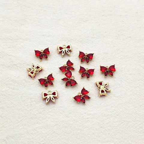 Red Cubic Zirconia Gold Bow Charms, 10 Pieces, Charm #21