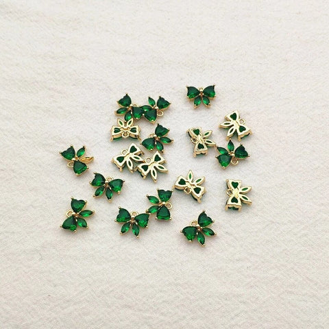 Green Cubic Zirconia Gold Bow Charms, 10 Pieces, Charm #30