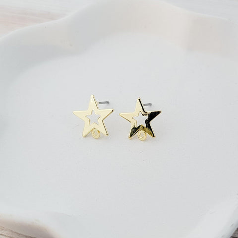 Gold Open Star Stud Earring Findings, 10 Pieces, Stud #96