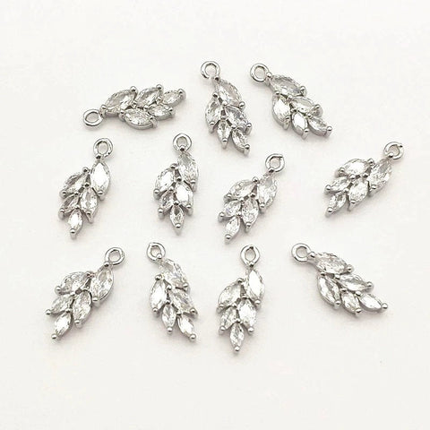 Silver Leaf Cubic Zirconia Charms, 10 Pieces, Charm #38