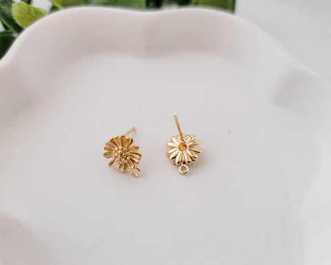 Gold Sunflower 12mm Stud Earring Findings, 10 Pieces, Stud #105