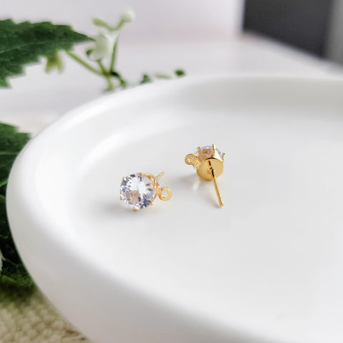 Round 6mm Cubic Zirconia Gold Studs with Loops, 10 Pieces, Stud #33
