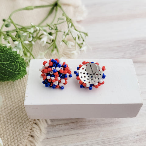 Red/White/Royal Blue Mix 15mm Small Seed Bead Topper, 1 Pair, Seed Bead #53