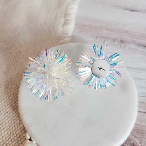 Iridescent White Tinsel 30mm Large Stud Topper, 1 Pair, Stud #180