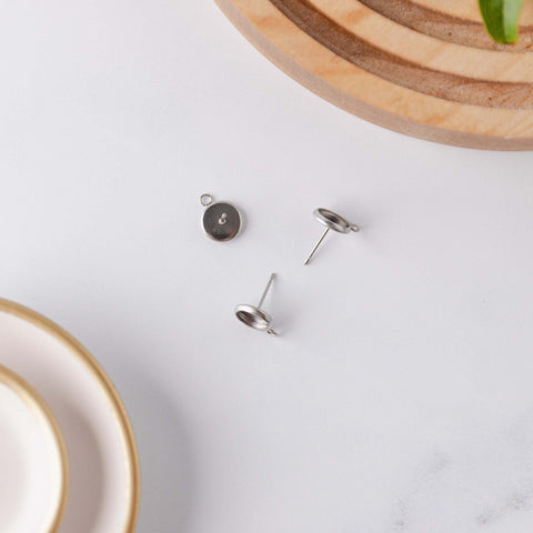 Silver 12mm Stainless Steel Stud Bezel Connector (With Loop), 10 Pieces, Stud #72