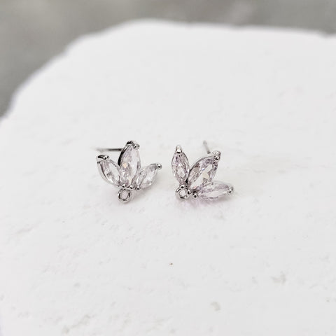 Silver Half Flower Cubic Zirconia Studs with Loops, 10 Pieces, Stud #70