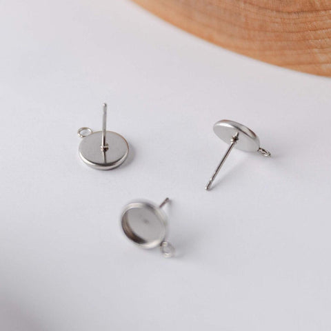 Silver 12mm Stainless Steel Stud Bezel Connector (With Loop), 10 Pieces, Stud #72