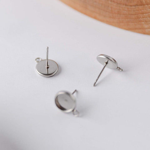 Silver 10mm Stainless Steel Stud Bezel Connector (With Loop), 10 Pieces, Stud #66