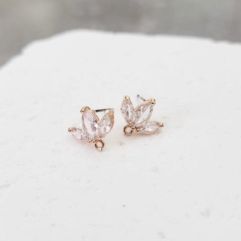 Gold Half Flower Cubic Zirconia Studs with Loops, 10 Pieces, Stud #71