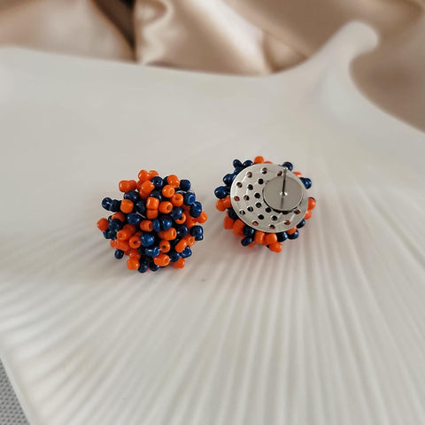 Orange and Navy Blue Mix 15mm Small Seed Bead Topper, 1 Pair, Seed Bead #59