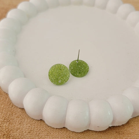 Glitter Light Green Acrylic Circle Stud Earring (14mm), 10 Pieces, Acrylic Stud #48