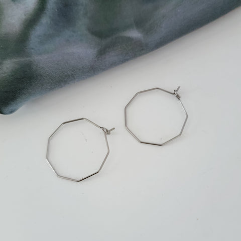 Silver 25mm Octagon Wine Hoop Stainless Steel Ear Wires, 10 Pieces, Hoop #45