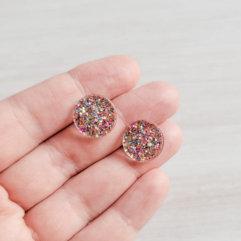 Glitter Rainbow Acrylic Circle Stud Earring (15mm), 10 Pieces, Acrylic Stud #33