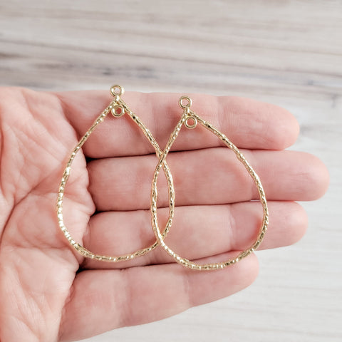 50mm Hammered Gold Teardrop Brass Charm with Double Hole, 10 Pieces, Charm #100