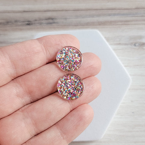 Glitter Rainbow Acrylic Circle Stud Earring (15mm), 10 Pieces, Acrylic Stud #33