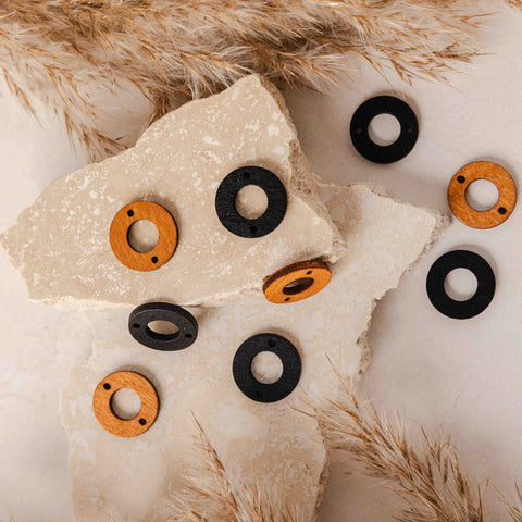 Open Circle 2-Hole Black Wooden Connectors, 10 Pieces, Wood #53