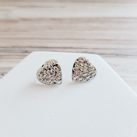 Hammered Silver Heart Stud Findings with Holes, 10 Pieces